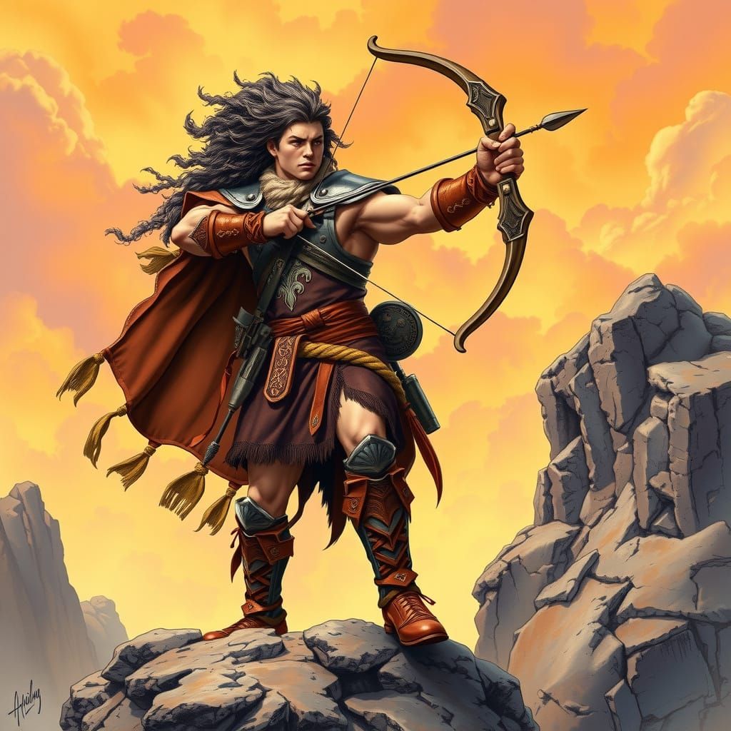 Sagittarius Warrior in Celtic-Inspired Armor, Golden Landsca...