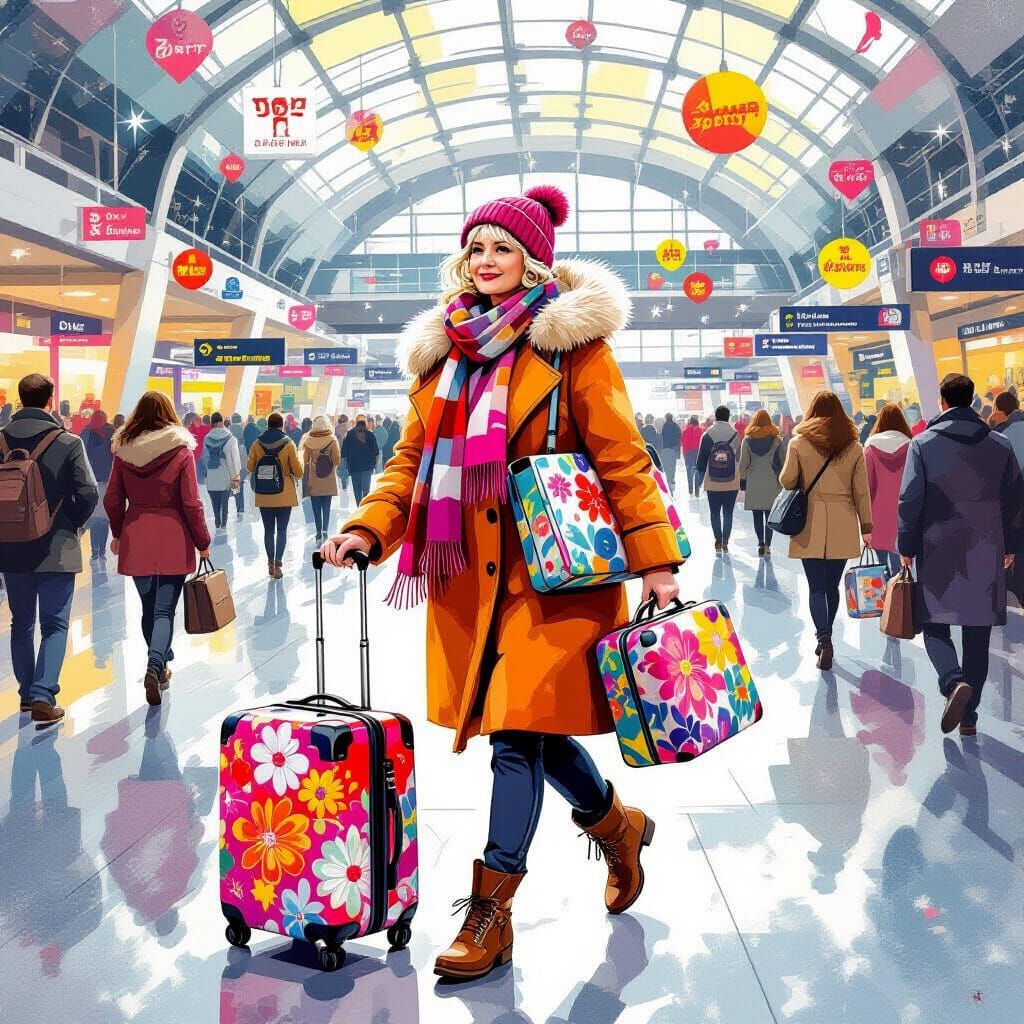 Senior Woman's Whimsical Airport Journey as Digital Art