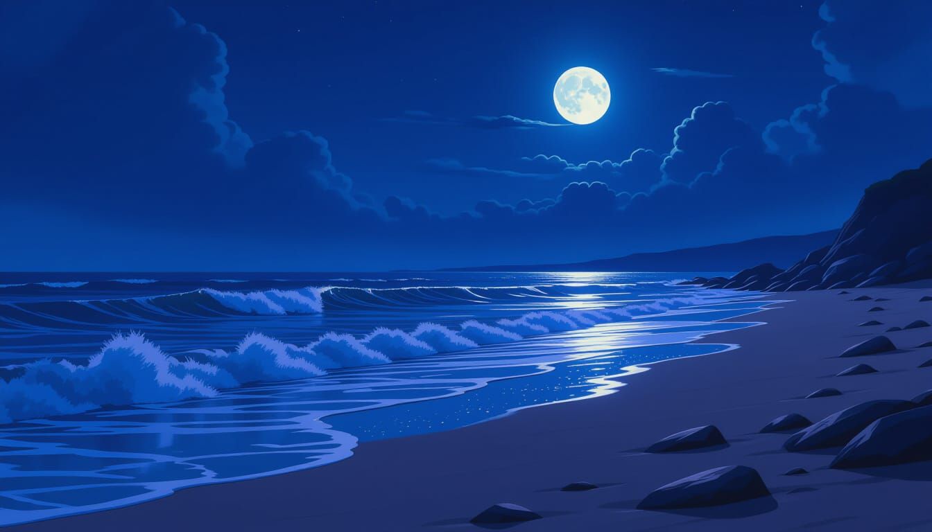 Moonlit Shoreline in Detailed Matte Painting Style