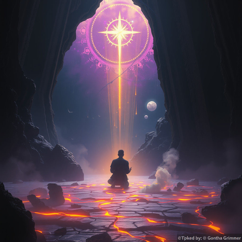 Mystical Figure Praying in Dark Fantasy Realm