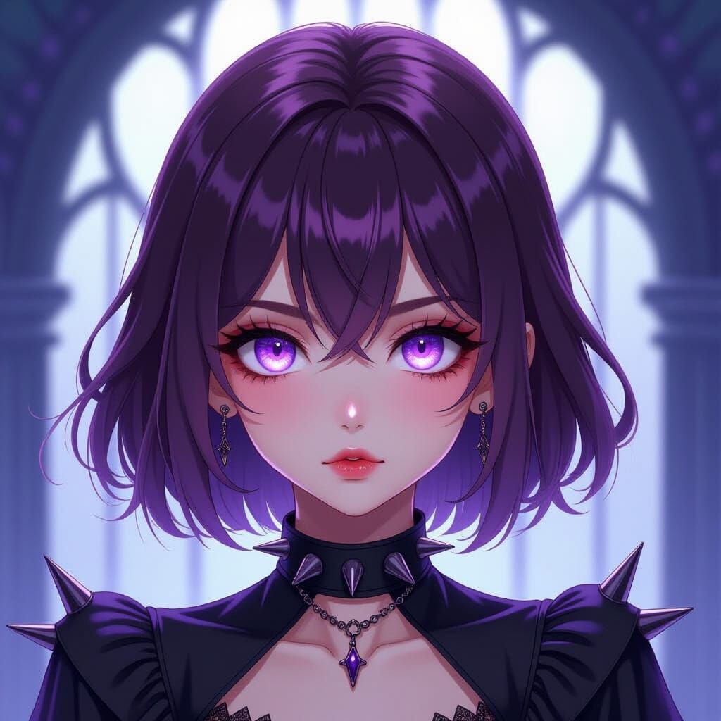 Anime Goth Girl with Purple Eyes and Spiked Collar in Dark F...