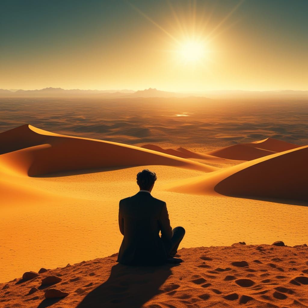 Surreal Desert Scene with Burning Sun