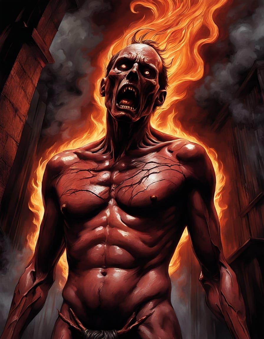 Gritty Charcoal Illustration of Man Consumed by Crimson Flam...