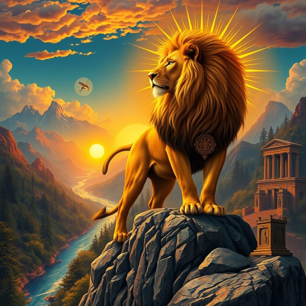 Regal Lion Basks in Sunrise Glory, Amidst Vibrant, Kaleidosc...