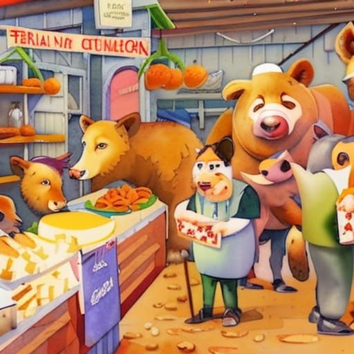 Animals Selling Food in Gouache Style