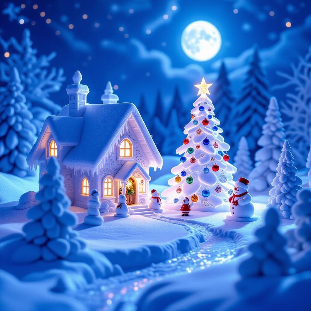 Intricate Ice Sculpture of a Magical Christmas Village