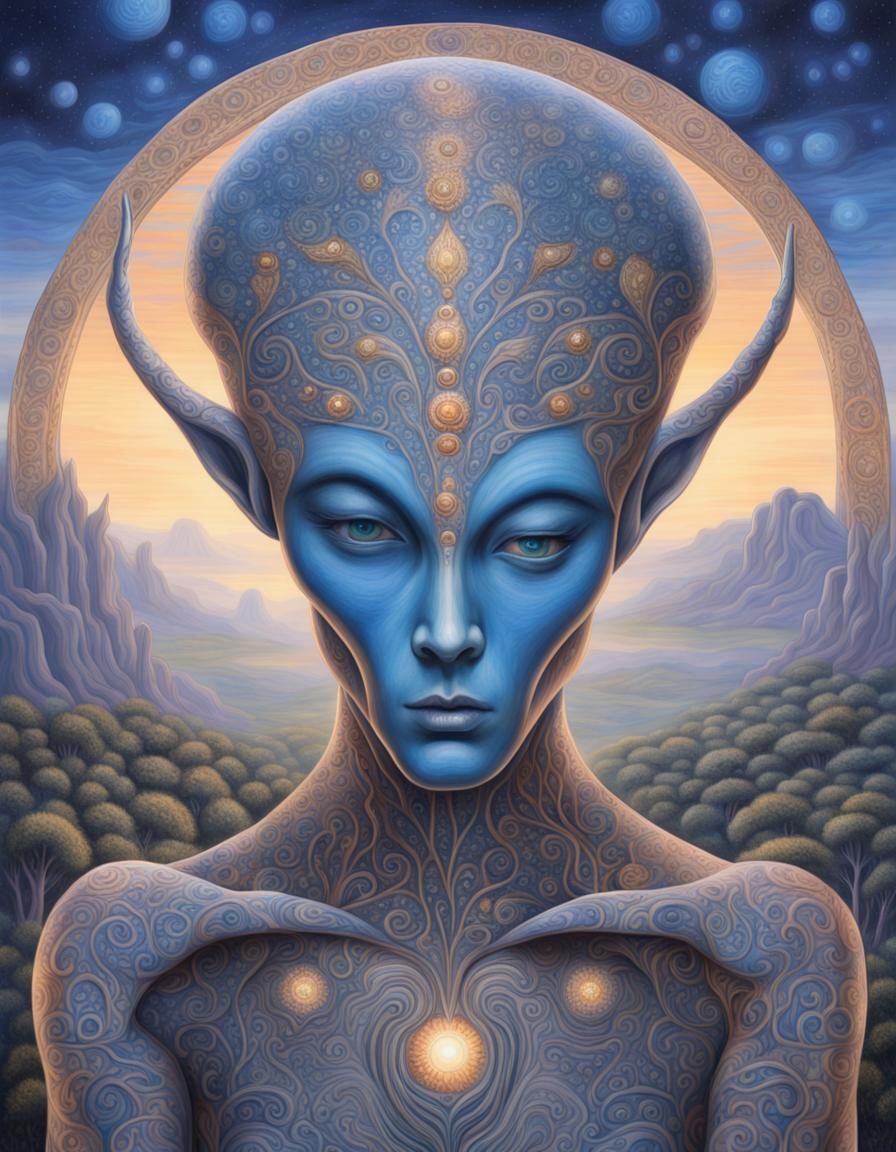 Ethereal Alien Traveler with Ringed Planet