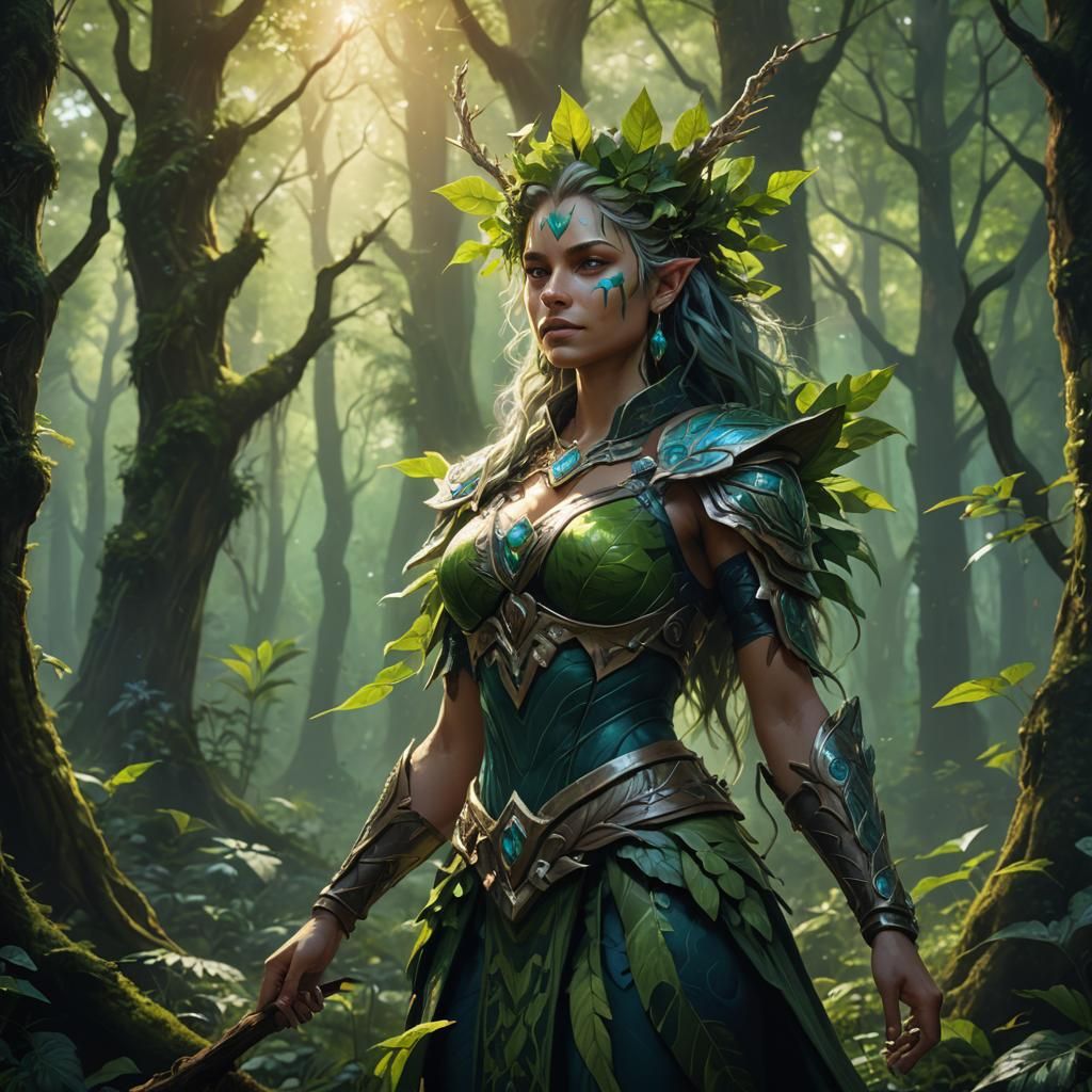 Earth Genasi Sorcerer in Lush Forest, Digital Painting