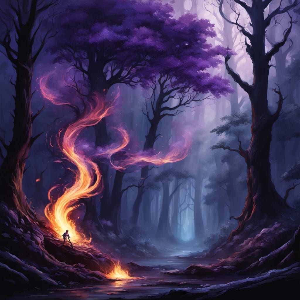 Mystical Purple Fire in Enchanted Forest