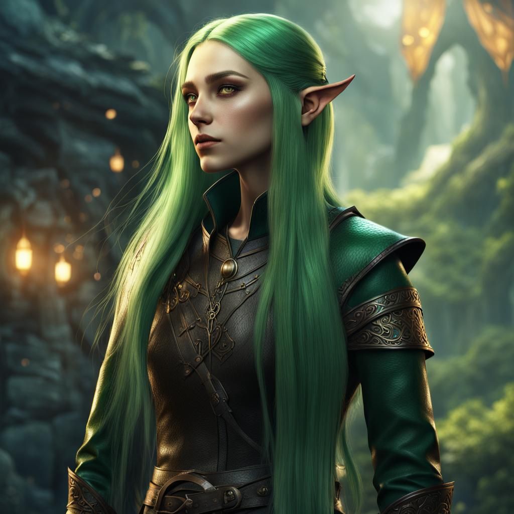 Beautiful Elf Girl with Green Hair in Leather