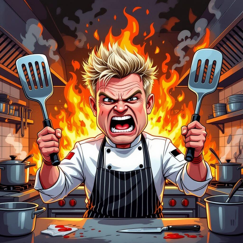 Gordon Ramsay in Chaotic Kitchen Cartoon Style