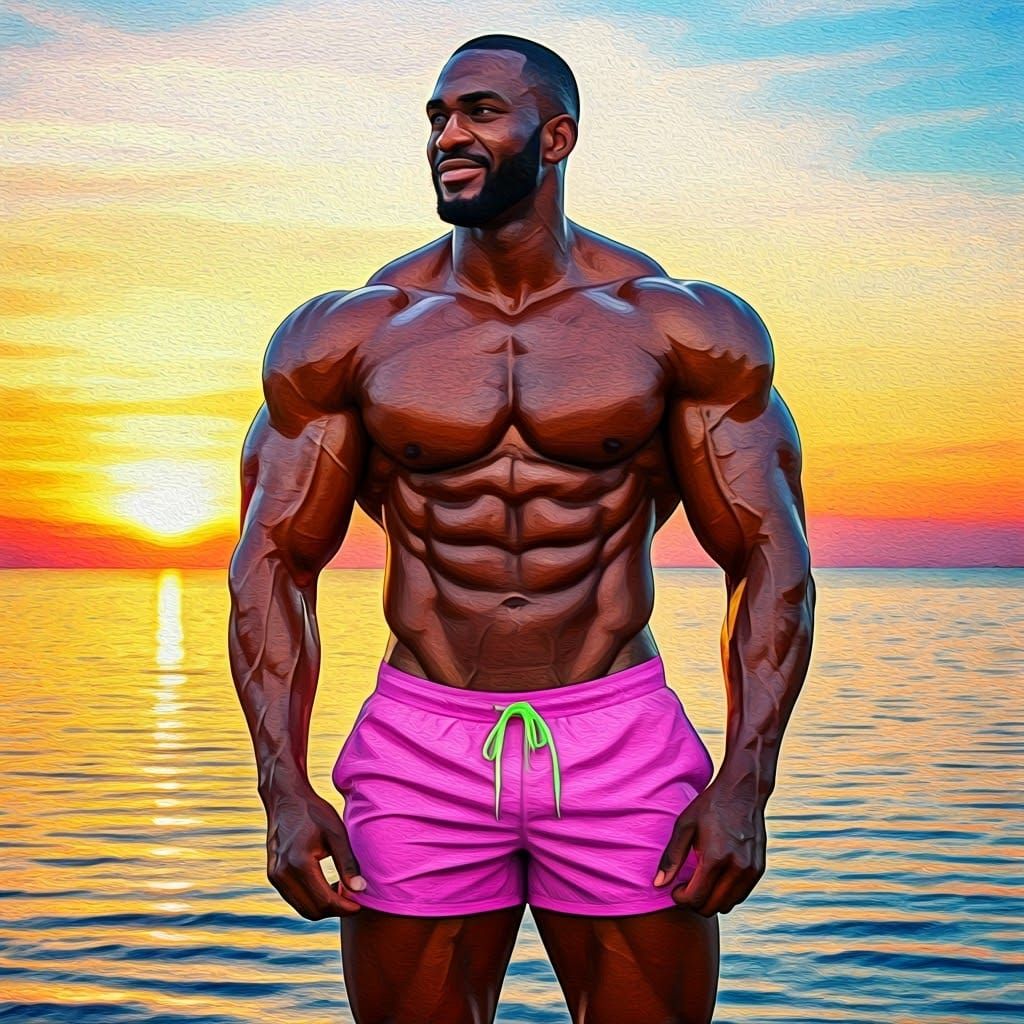 Elegant Athlete Poses on Vibrant Beach at Sunset