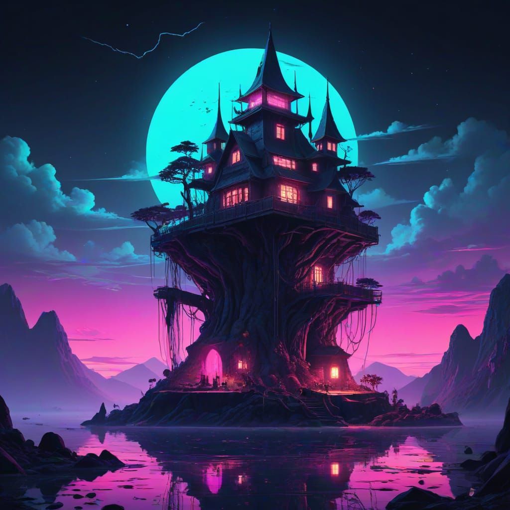 Evil Wizard's Secret Base on Floating Island in Neon Style
