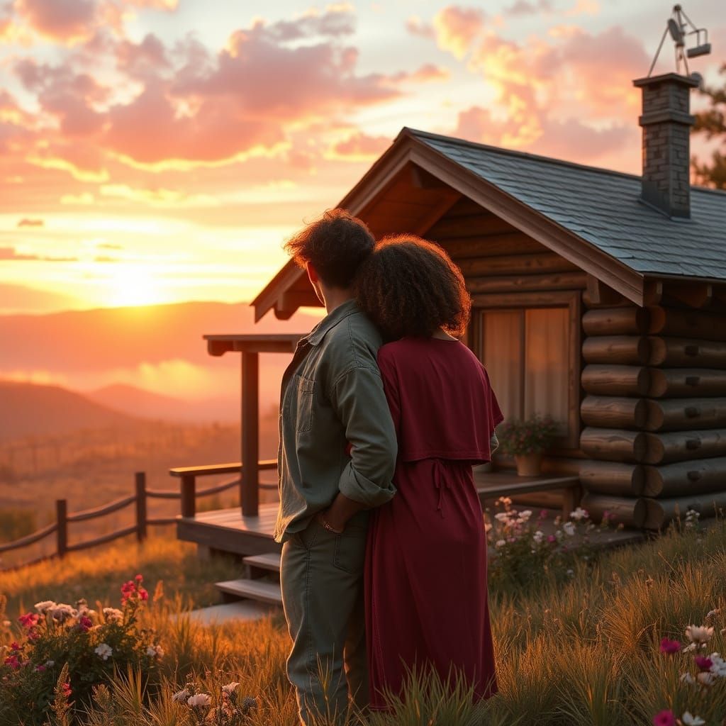 Romantic Cabin Scene at Sunset