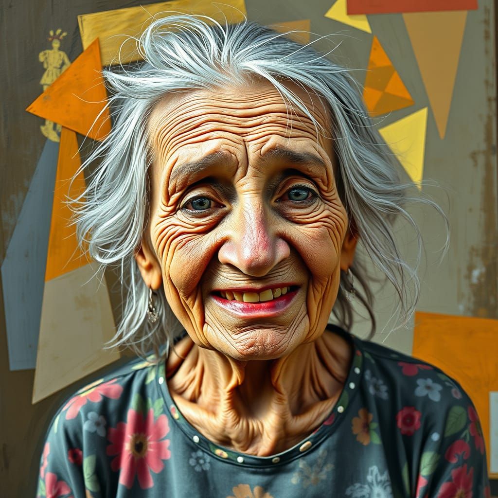 Geometric Portrait of an Old Woman in Cubist Style