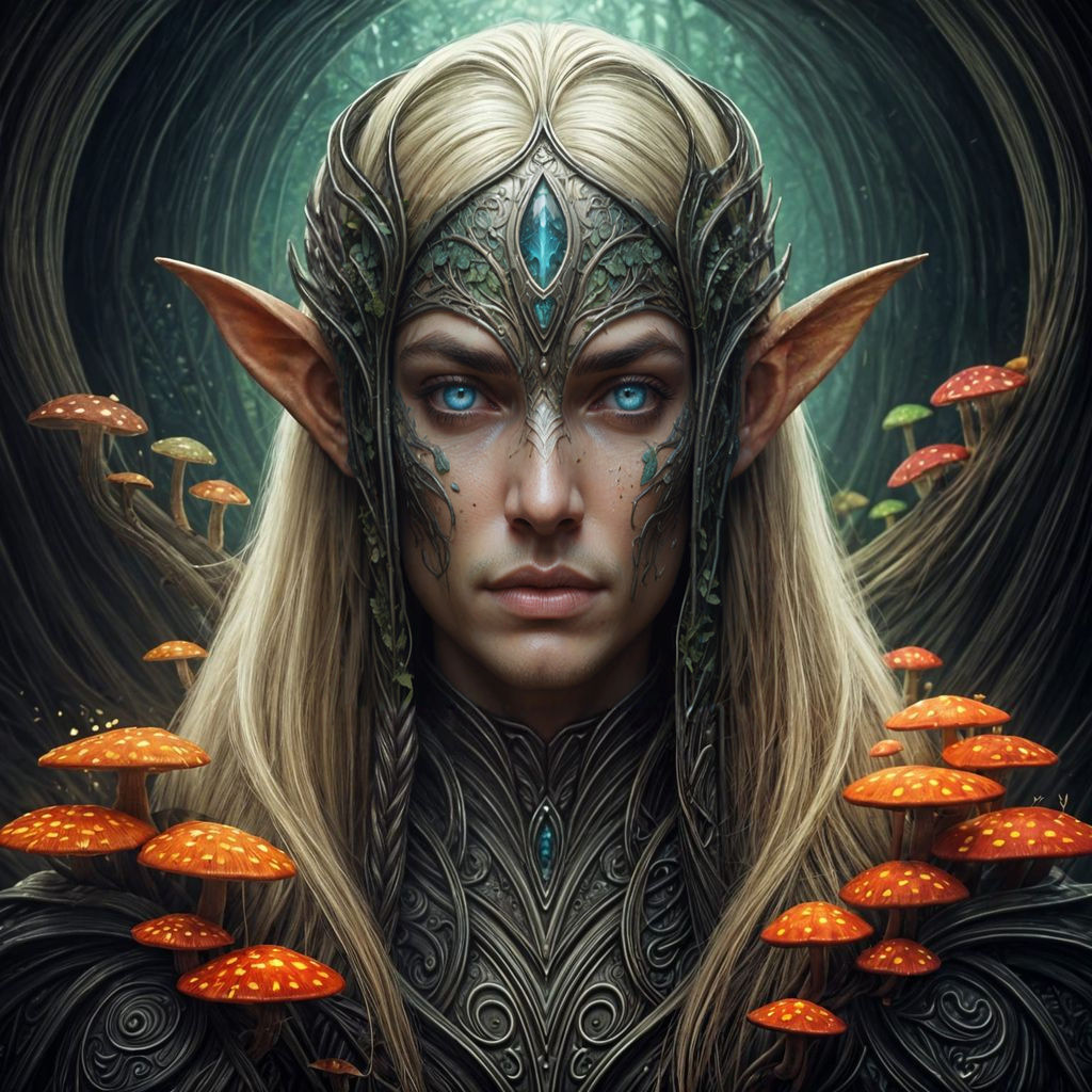 Ethereal Elven Warrior Amidst Ancient Fungi