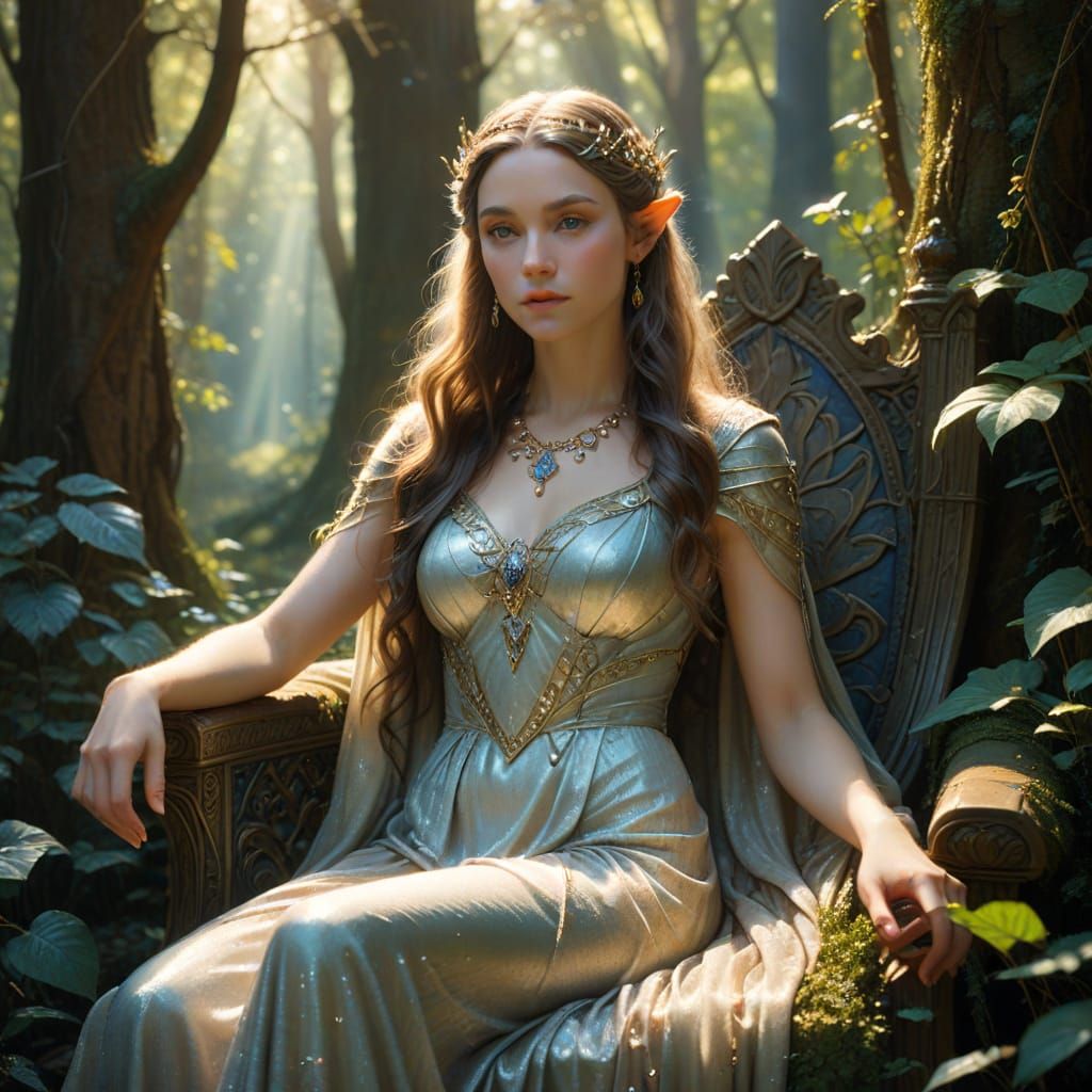 Enchanted Elven Queen on Forest Throne Illustration