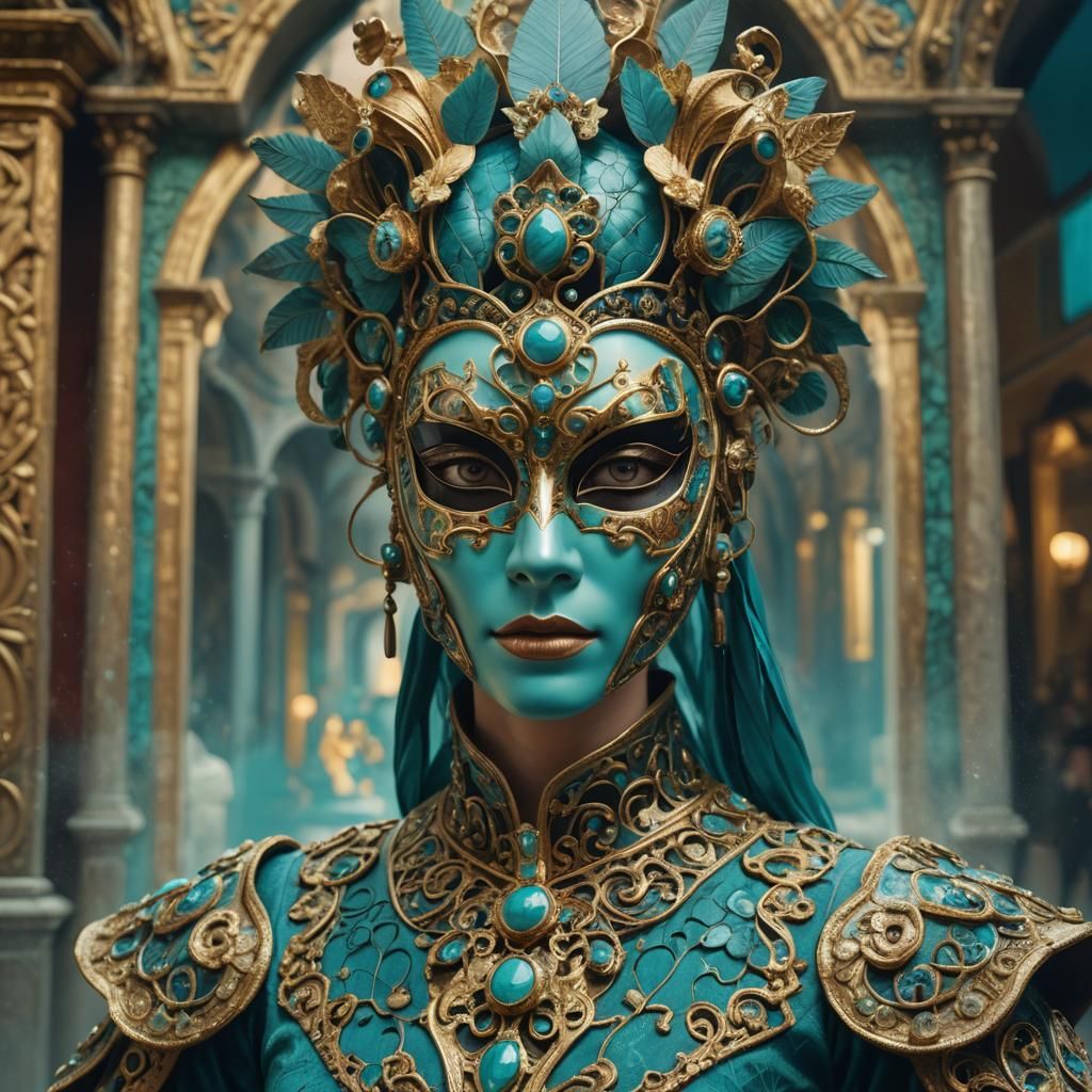 Woman in Elaborate Mask, Cloisonnist Style