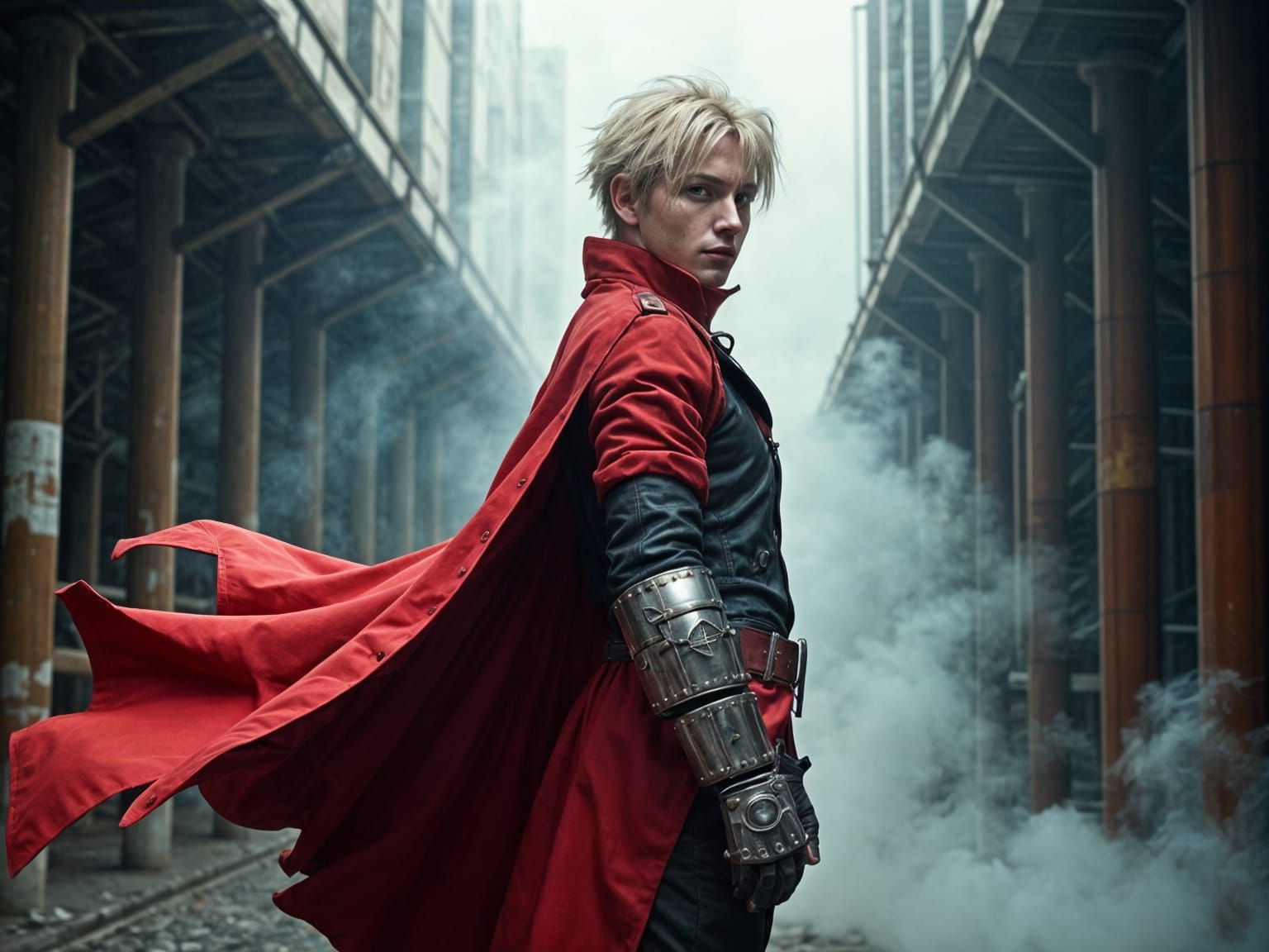 Edward Elric Cosplay in Gritty Industrial Setting