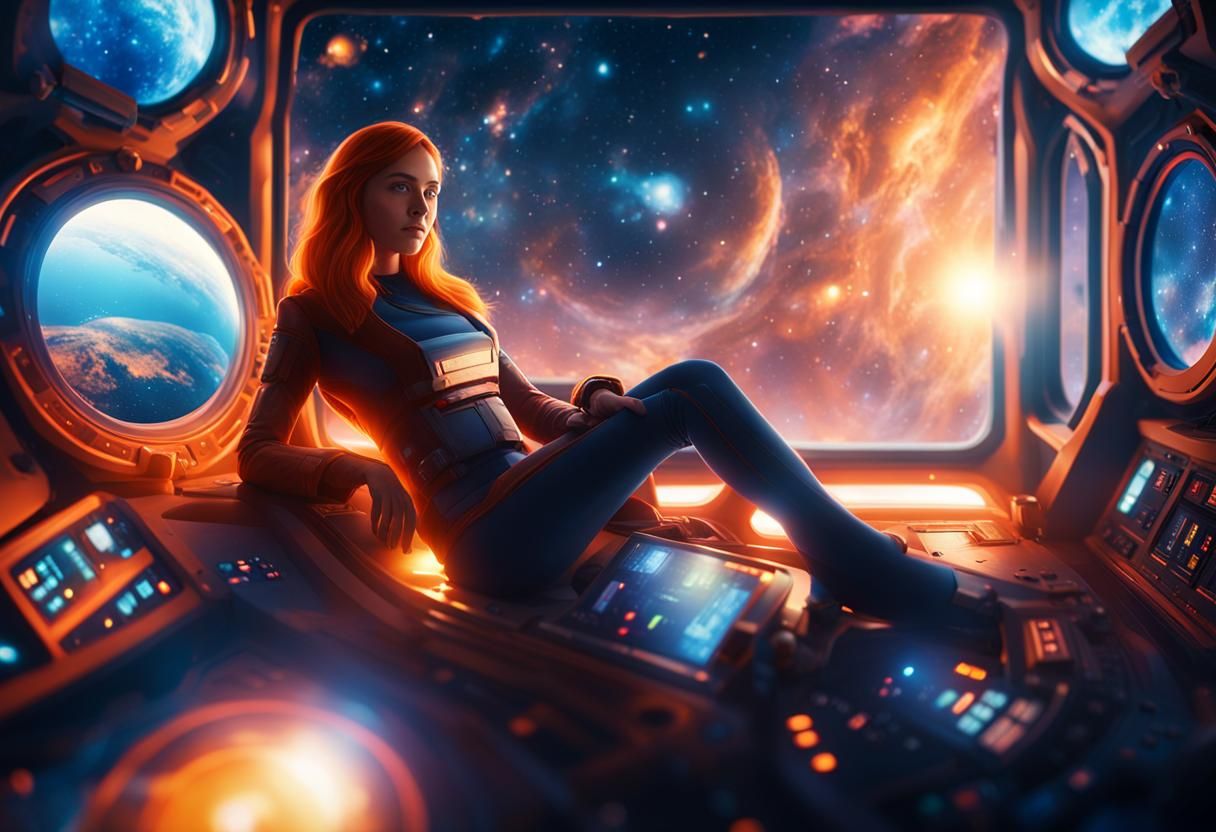 Girl in Spaceship Cockpit Amidst Nebula: Digital Art