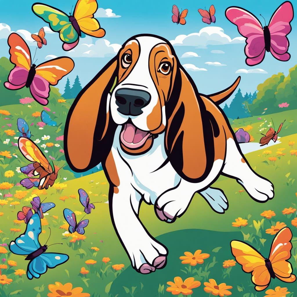 Playful Basset Hound Chasing Butterflies in Cartoon Style