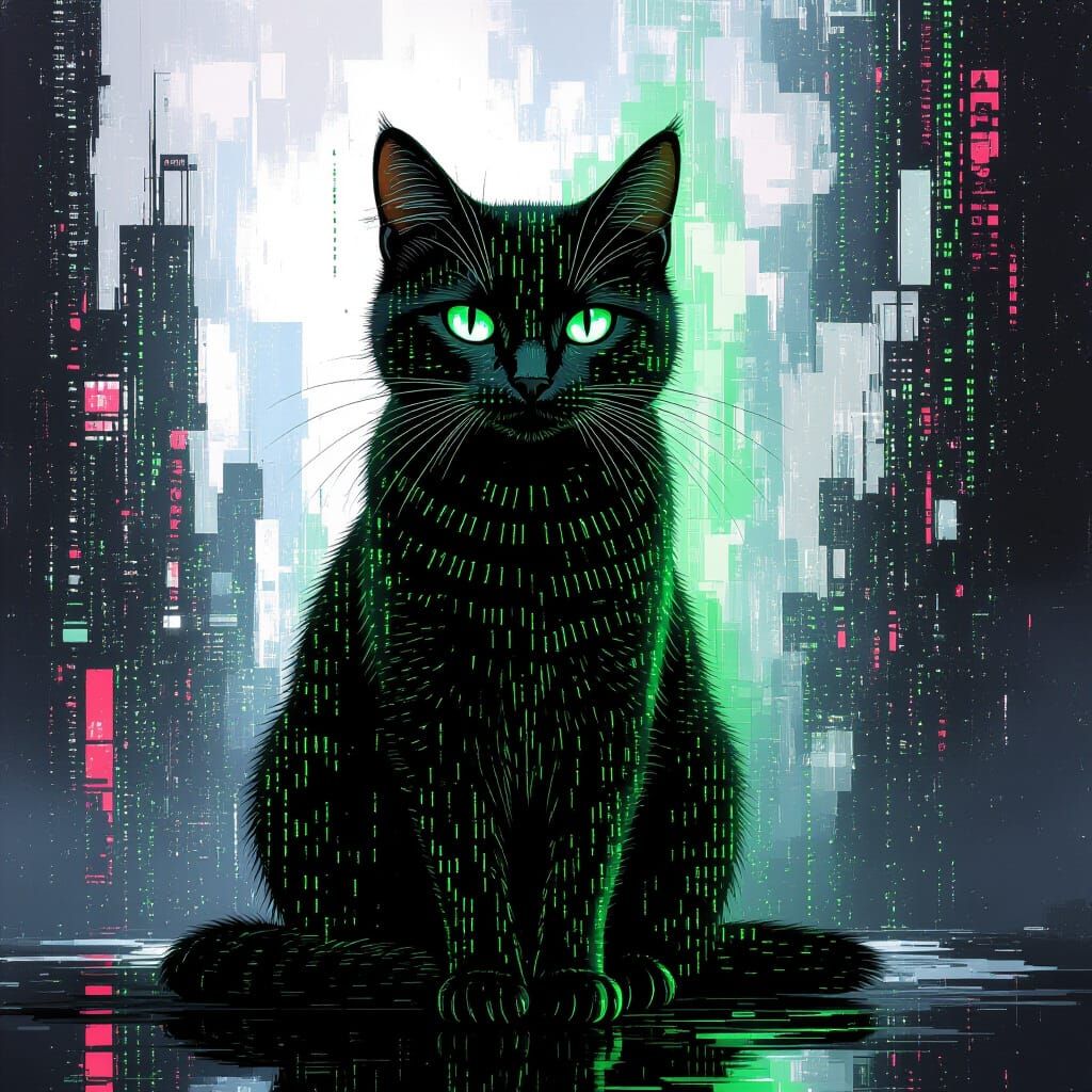 Cyberpunk Cat of Glowing Green Code in Pointillist Style