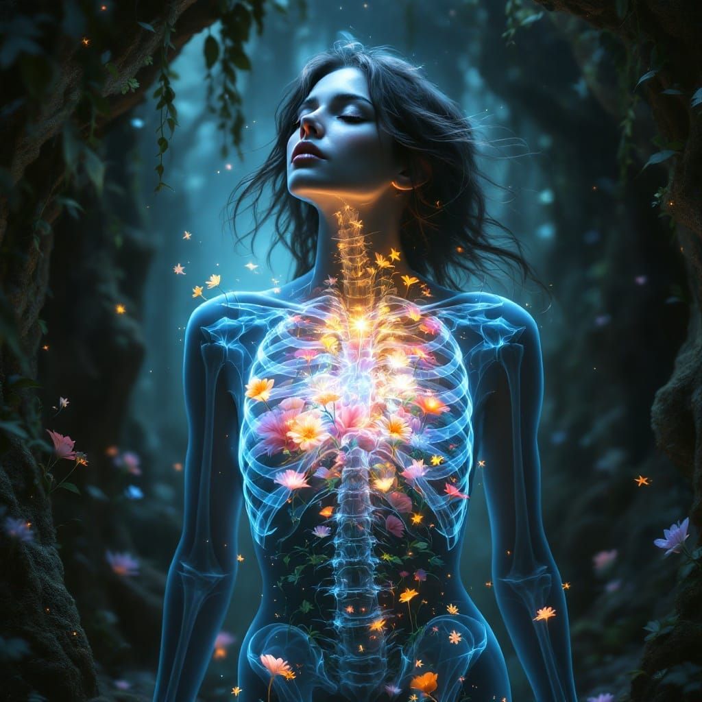 Radiant Woman Shines Inside Futuristic X-ray Machine