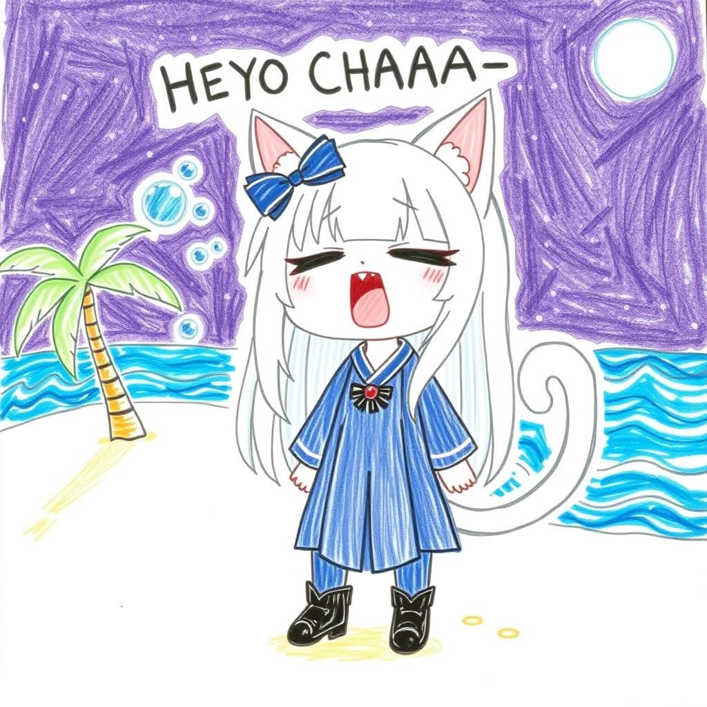 Anime Catgirl Yawning on Beach, Crayon Drawing