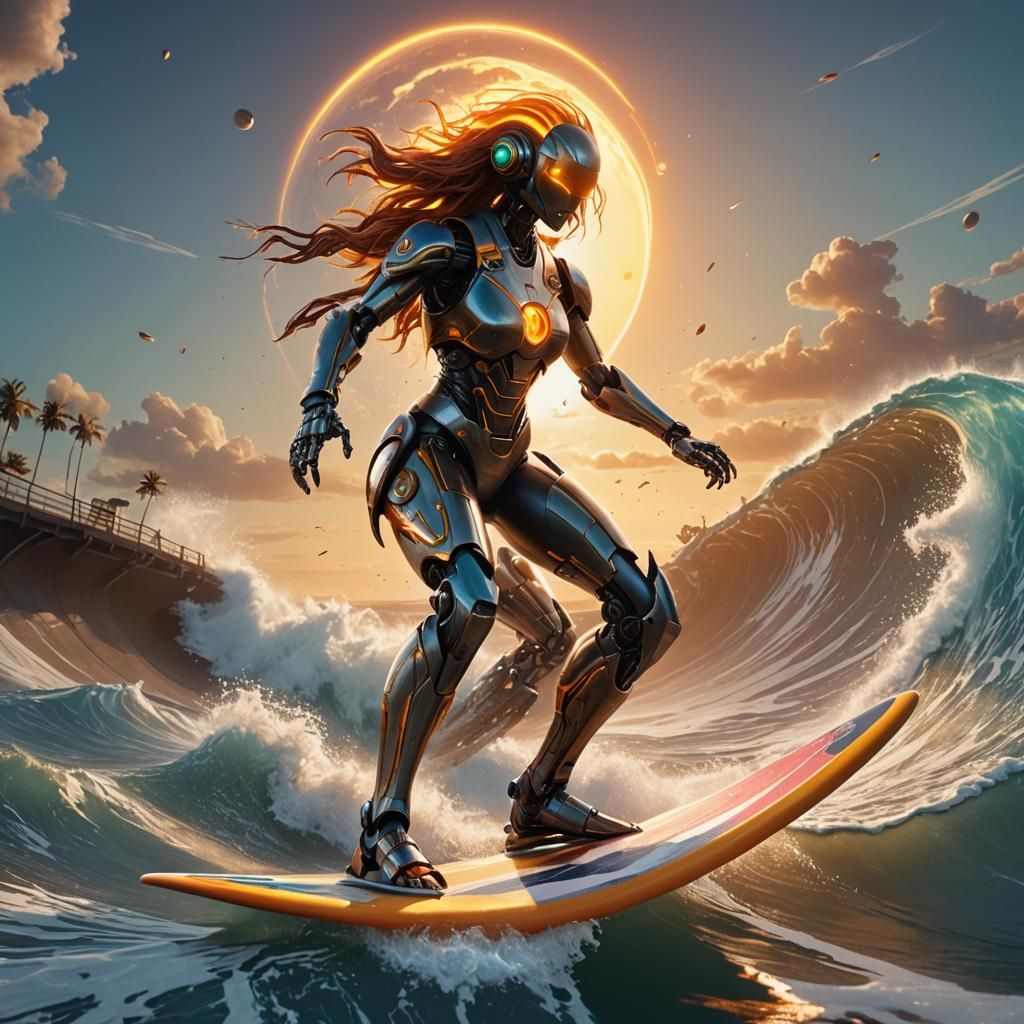 Robot Girl Surfing on the Sun: Detailed Matte Painting