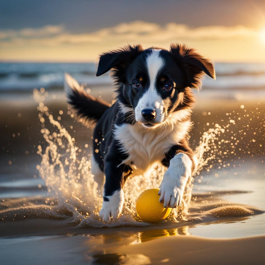 Border Collie Puppy's Beach Day in Hyperrealism