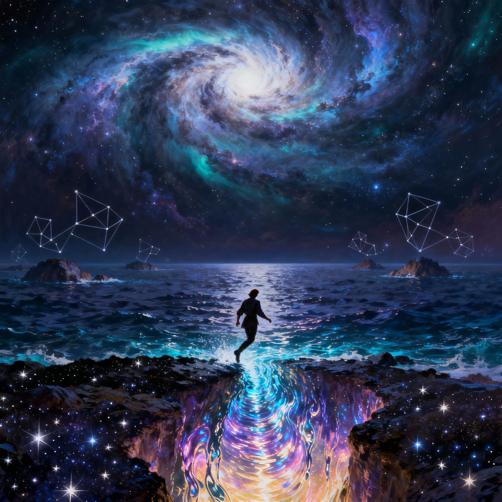 Cosmic Ocean Portal with Solitary Figure in Digital Matte Pa...