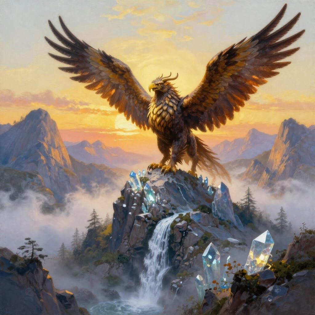Majestic Griffin Over Dawn Valley in Fantasy Concept Art Sty...