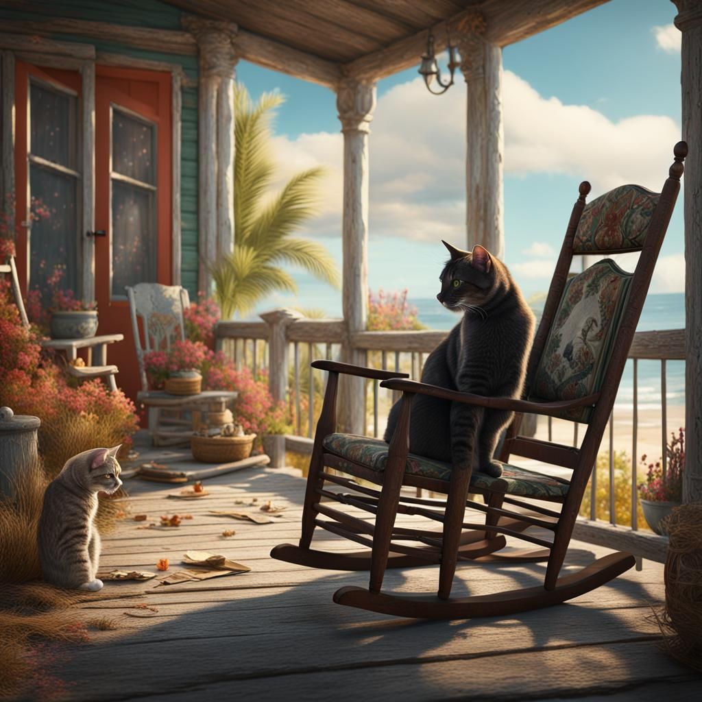 Cat on Cottage Porch: Detailed Matte Painting
