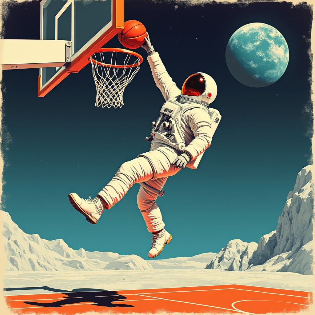Astronaut Slams Dunk on Moon Court in Retro-Futuristic Style