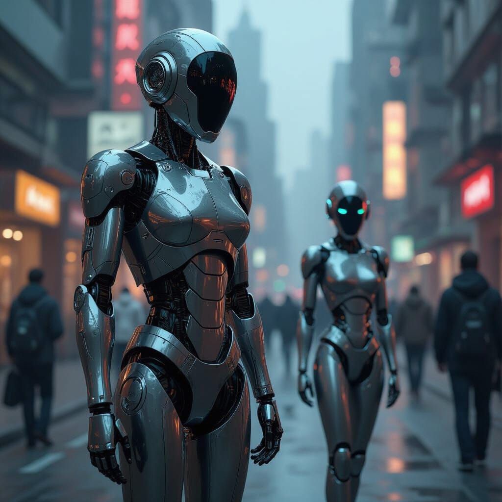 Futuristic Robots Dominate Cityscape in Cyberpunk Style