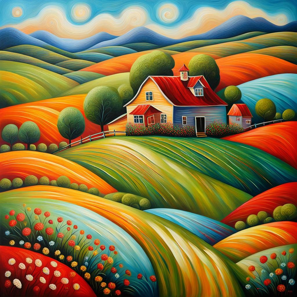 Whimsical Farmhouse on Patterned Hills: Oil Painting
