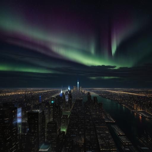 Northern Lights Dance Over New York Cityscape