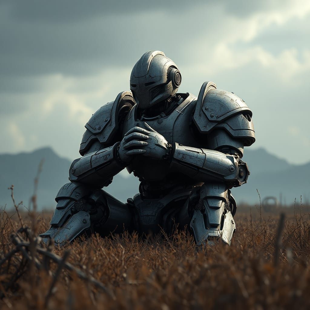 Brooding Mechanical Paladin Robot in Field, Digital Art