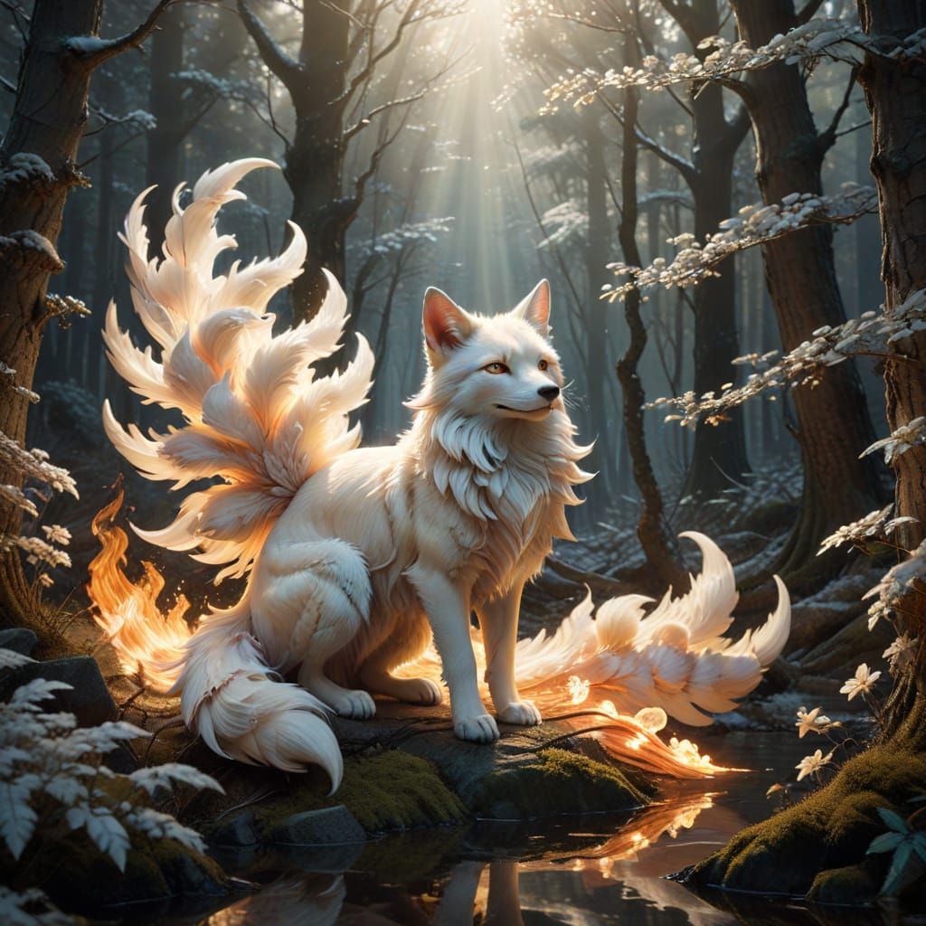 Iridescent Nine-Tailed Kitsune in Spring Forest