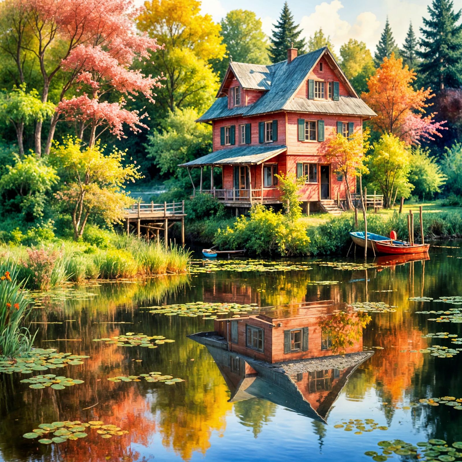 A Colorful Lake Village in Whimsical Woodland Setting