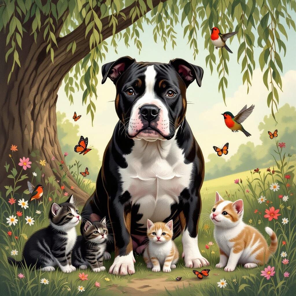 Staffordshire Bull Terrier with Animals, Beatrix Potter Styl...