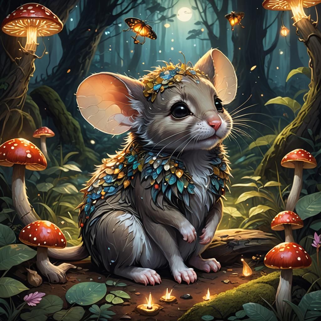 Mythical Baby Mouse and Regal Cat in Forest