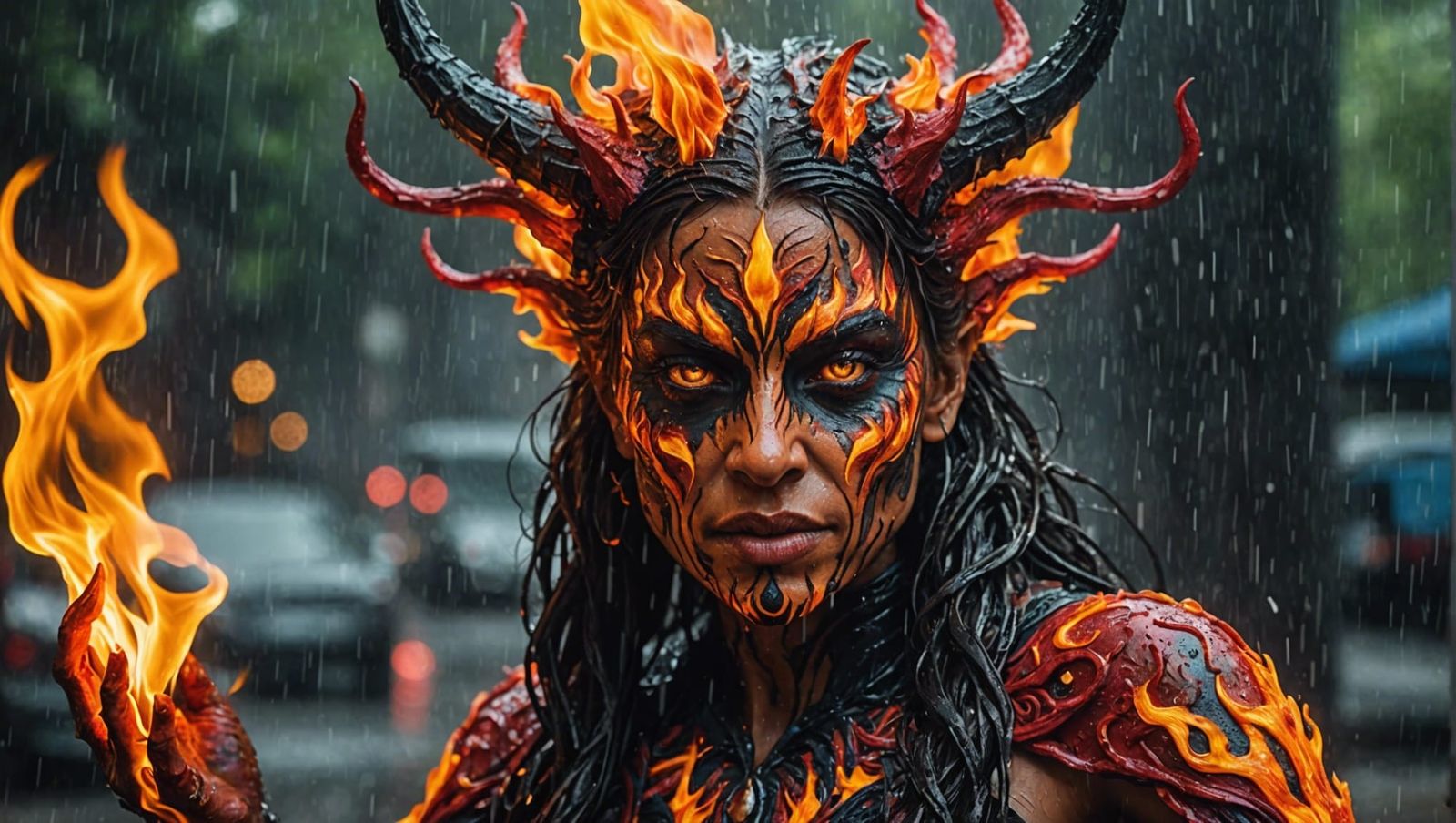 Hyperrealistic Fire Demon in Pouring Rain