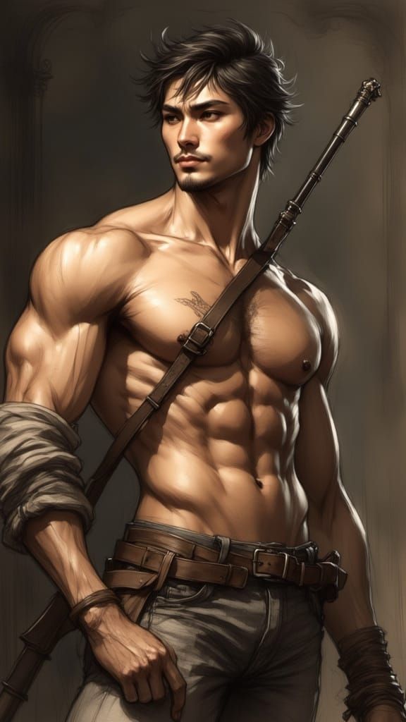 Handsome Hunter: Adult Asian Man in Vintage Pin-Up Style