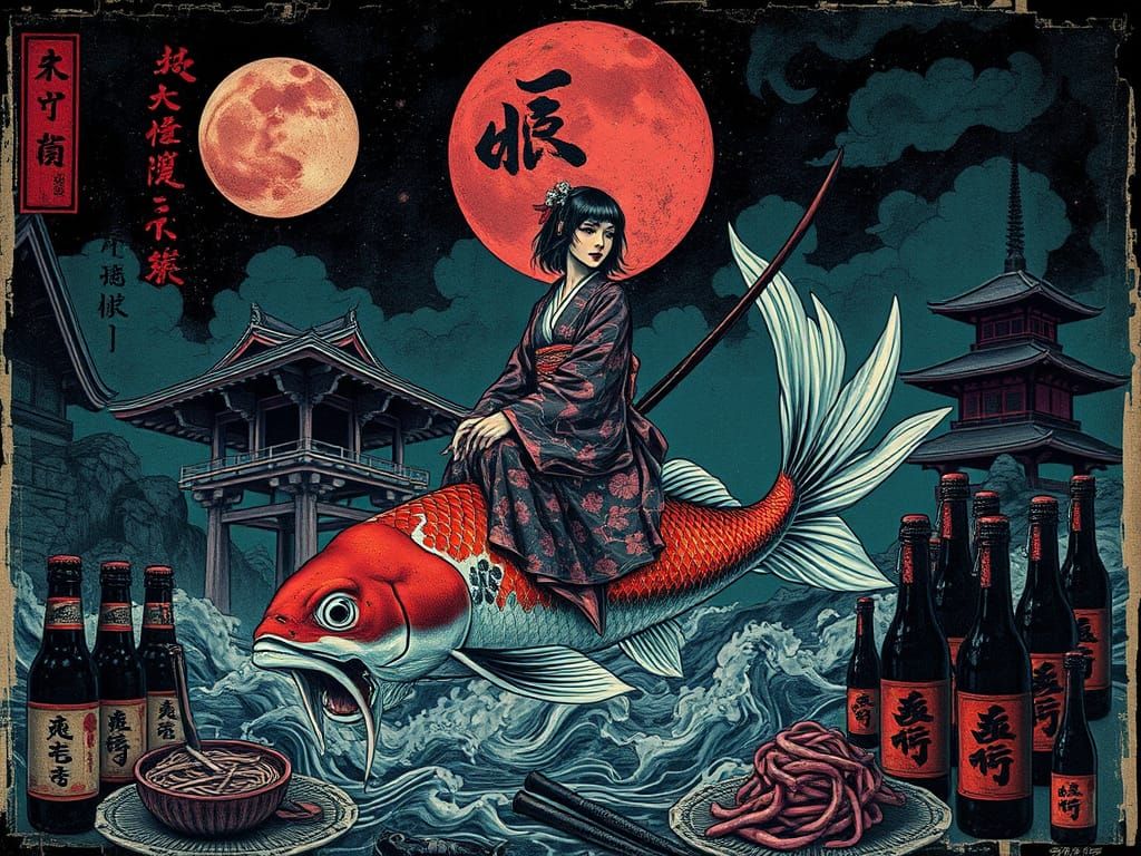 Surreal Japanese Noir: Woman Rides Koi Amidst Ramen, Katanas