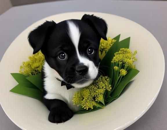 Puppy Peeking from Floral Bouquet