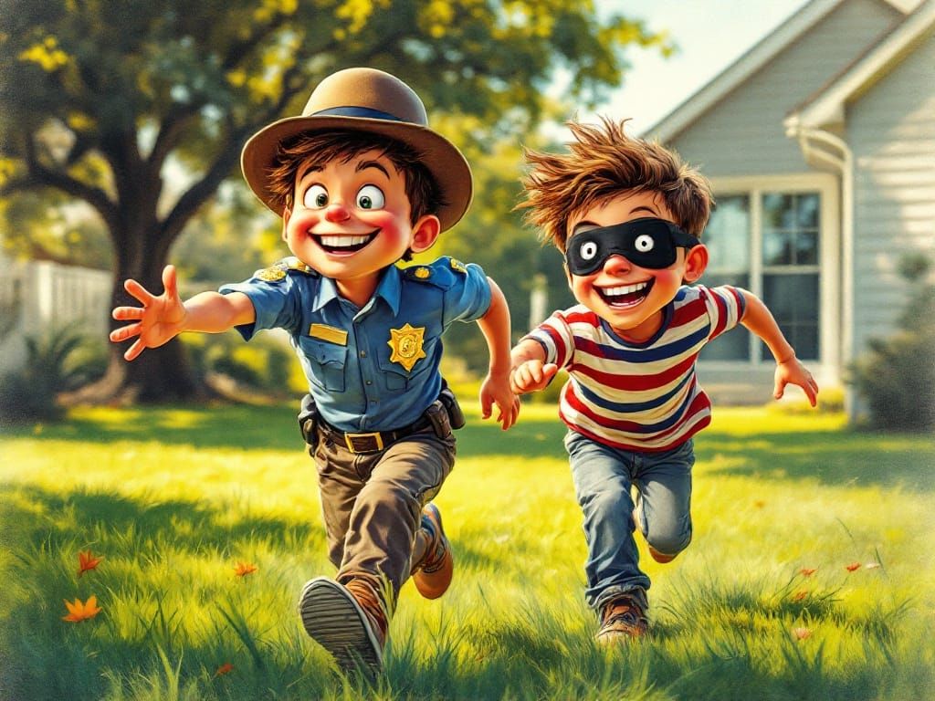 Joyful Suburban Backyard Playtime in Coloured Pencil Art