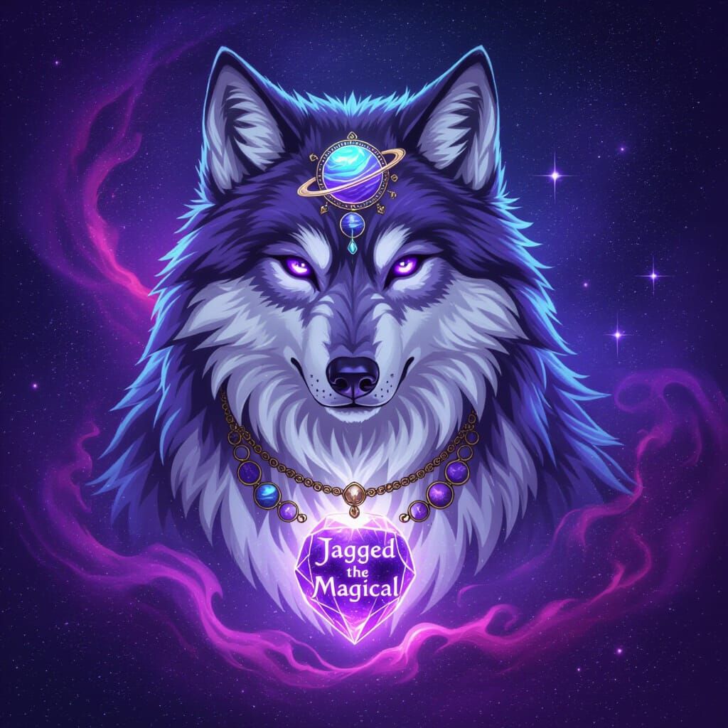Cosmic Wolf with Planets and Magic Crystal