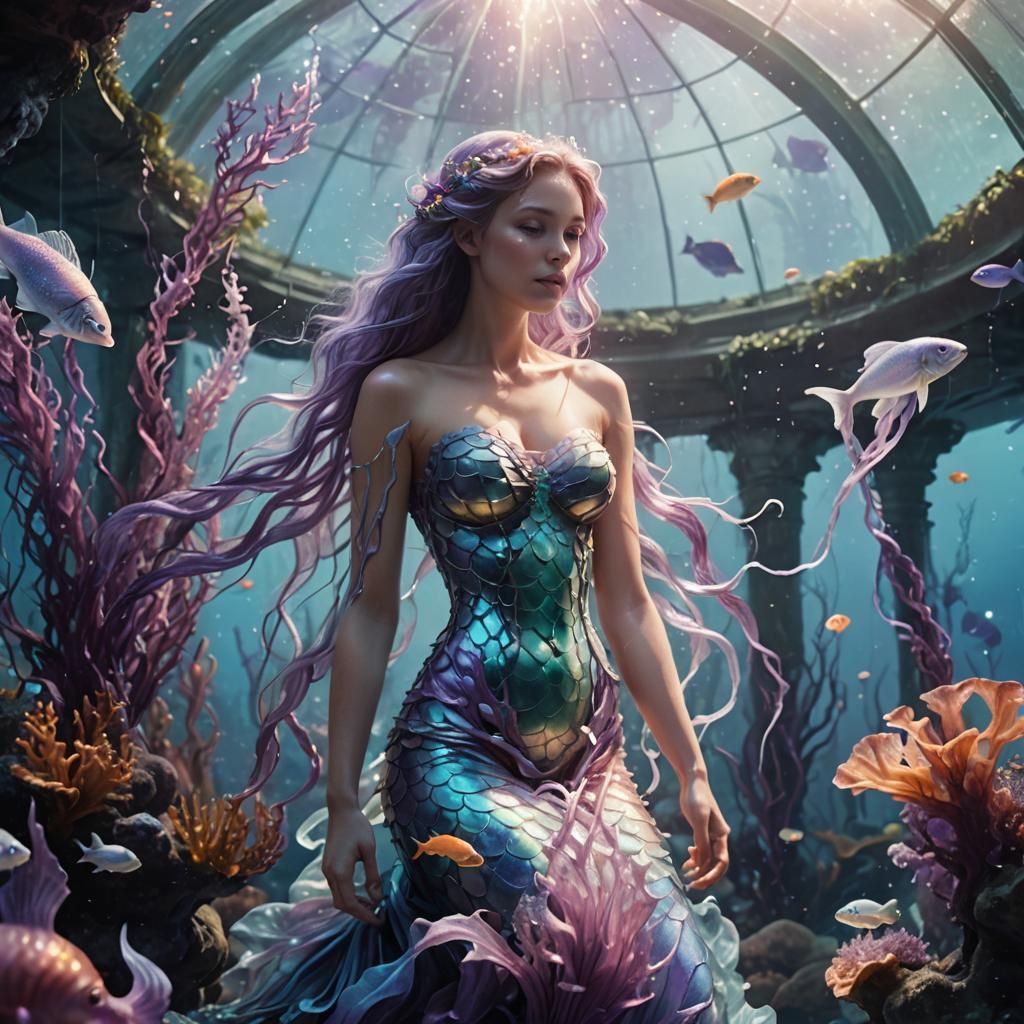 Bioluminescent Mermaid in Underwater Biodome