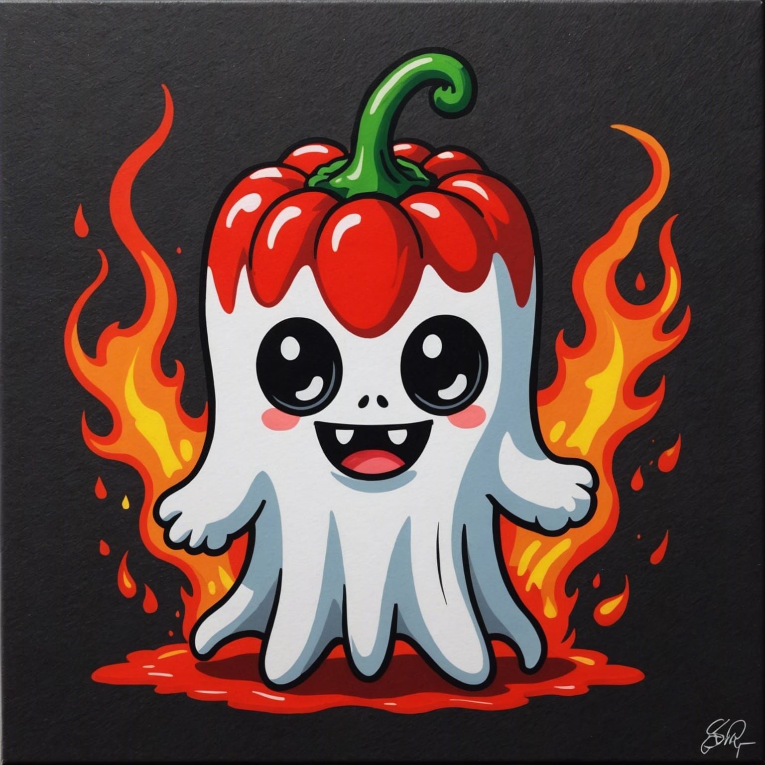 Kawaii Chibi Ghost Pepper Cartoon in Acrylic Style